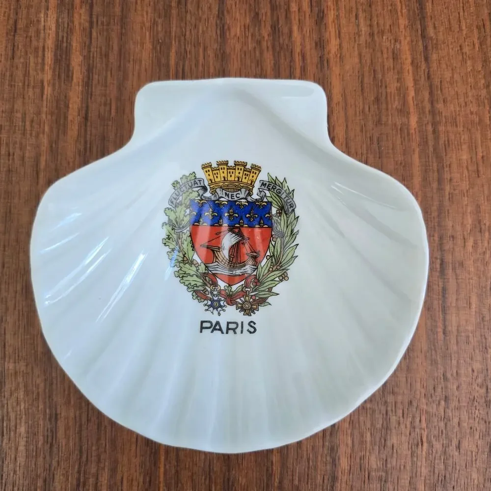 Vintage Limoges Porcelain Sea Shell Trinket Dish Paris Coat of Arms Heritage